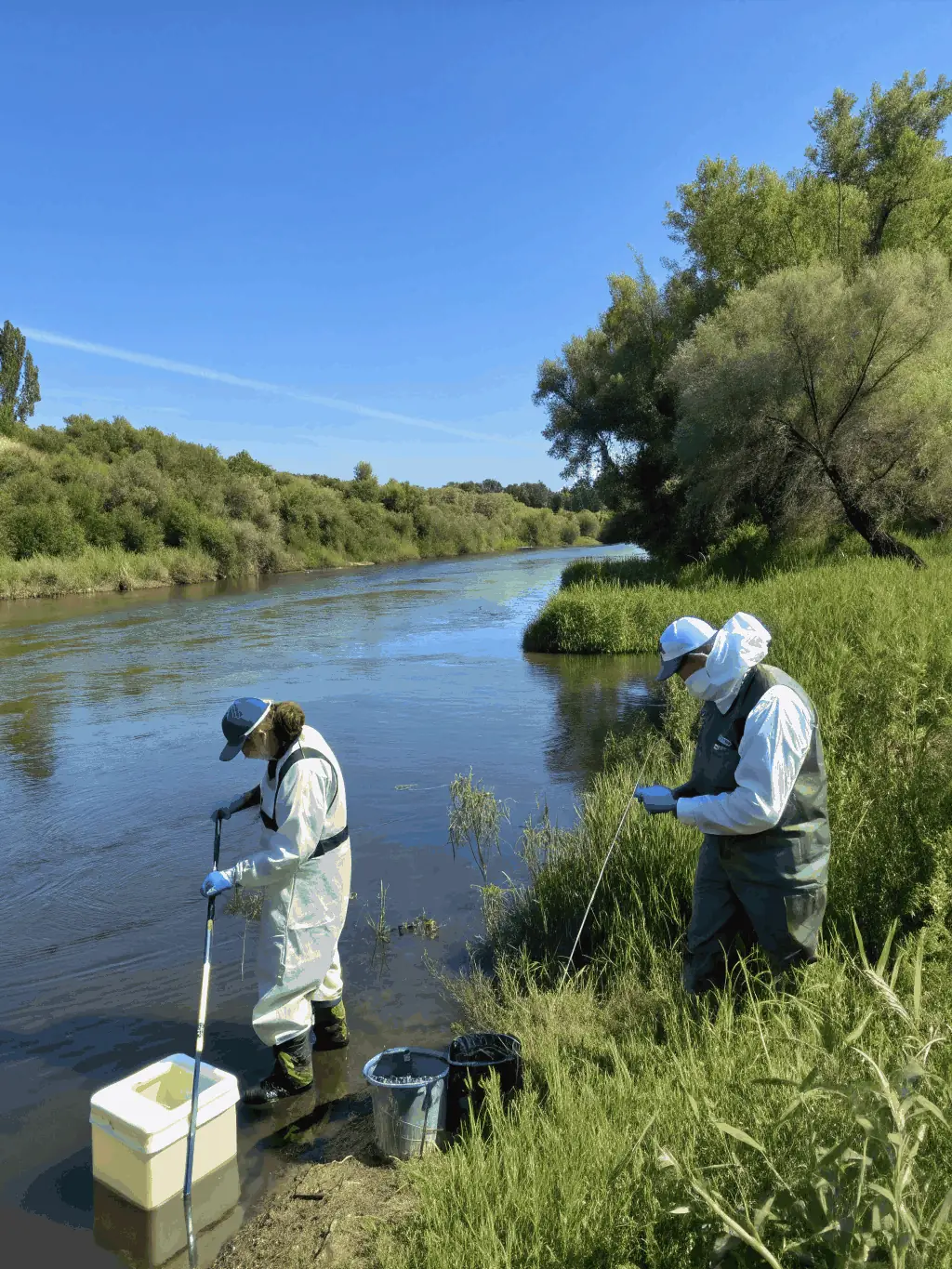 A photograph of researchers monitoring water quality in a local stream, highlighting the organization's commitment to environmental monitoring.