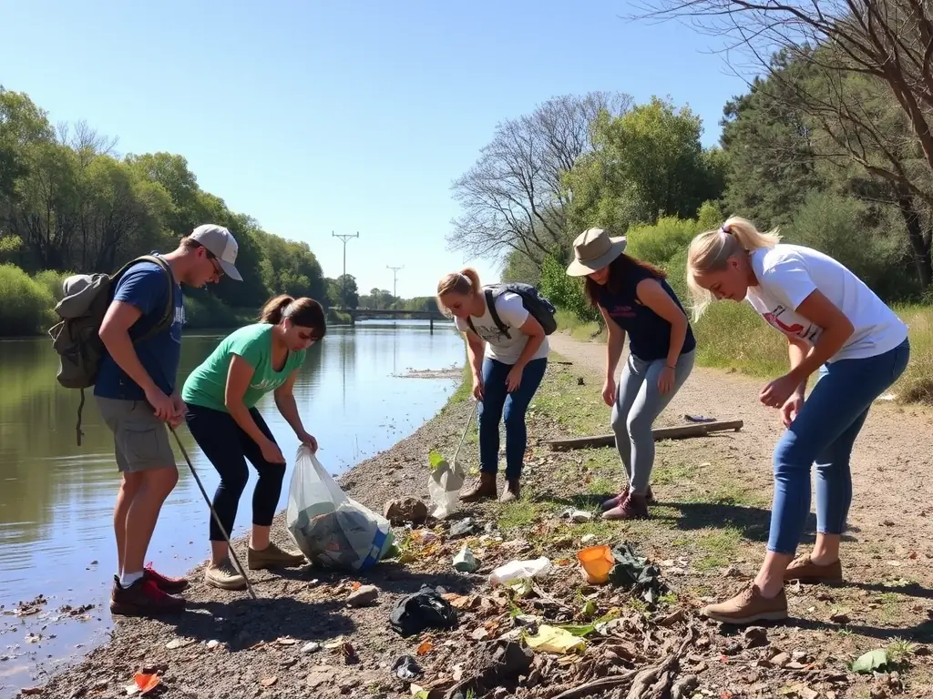 A group of people participating in a community cleanup event in a local forest, organized by AMICALE DES CHASSEURS ET PROPRIETAIRES DU TATRE.
