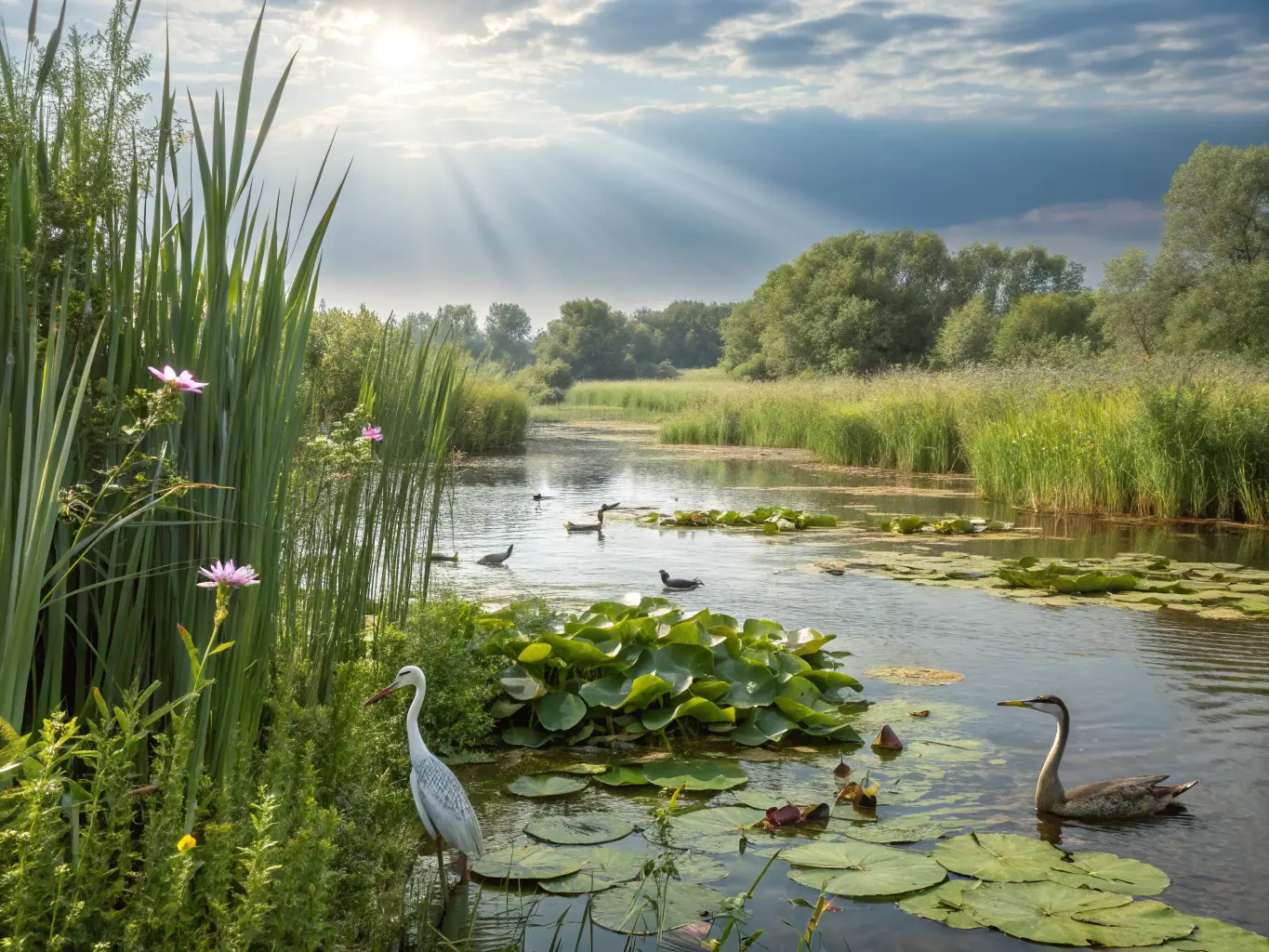 A scenic view of a restored wetland area, showcasing diverse plant and animal life, with a focus on native bird species and lush vegetation. The image should convey a sense of ecological balance and natural beauty.