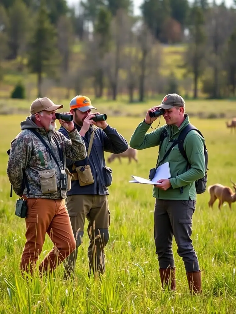 A photograph of a wildlife monitoring team observing and recording data on local animal species in their natural habitat.
