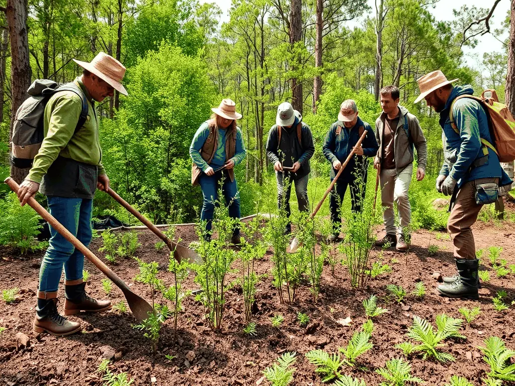 A group of volunteers planting native trees in a deforested area, emphasizing community involvement and the importance of reforestation for habitat conservation and carbon sequestration.