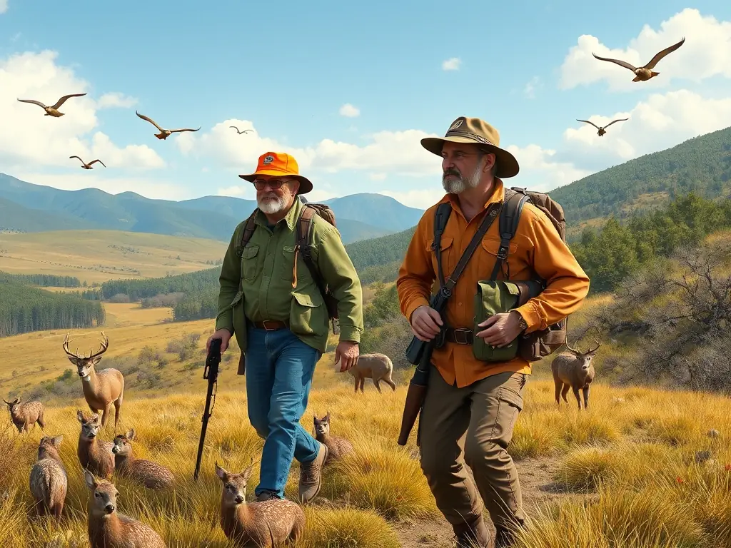 A scenic view of a restored wetland area, showcasing diverse plant and animal life, with hunters in the background participating in a conservation activity.