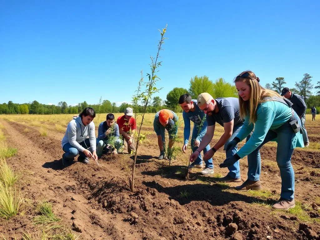 A group of volunteers planting trees in a deforested area, illustrating the organization's commitment to reforestation and habitat expansion.