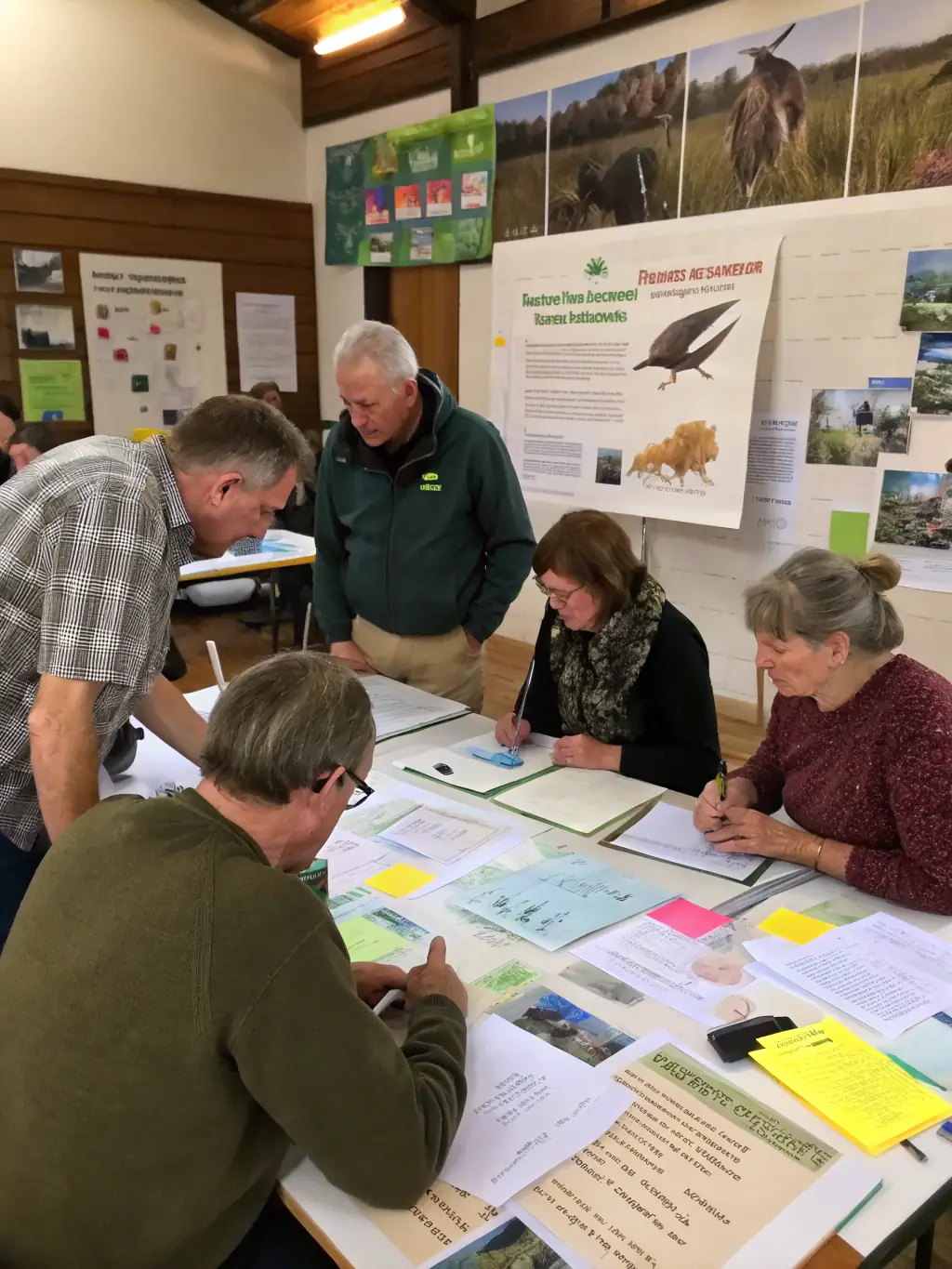 A photograph of a community workshop on sustainable hunting practices, showing participants learning about responsible land stewardship.