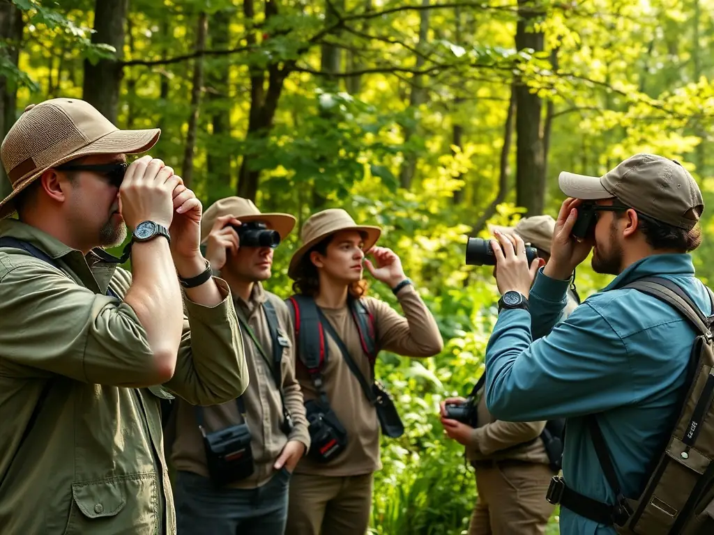 A wildlife monitoring team observing and documenting animal populations in a protected hunting reserve, emphasizing the importance of data-driven conservation.