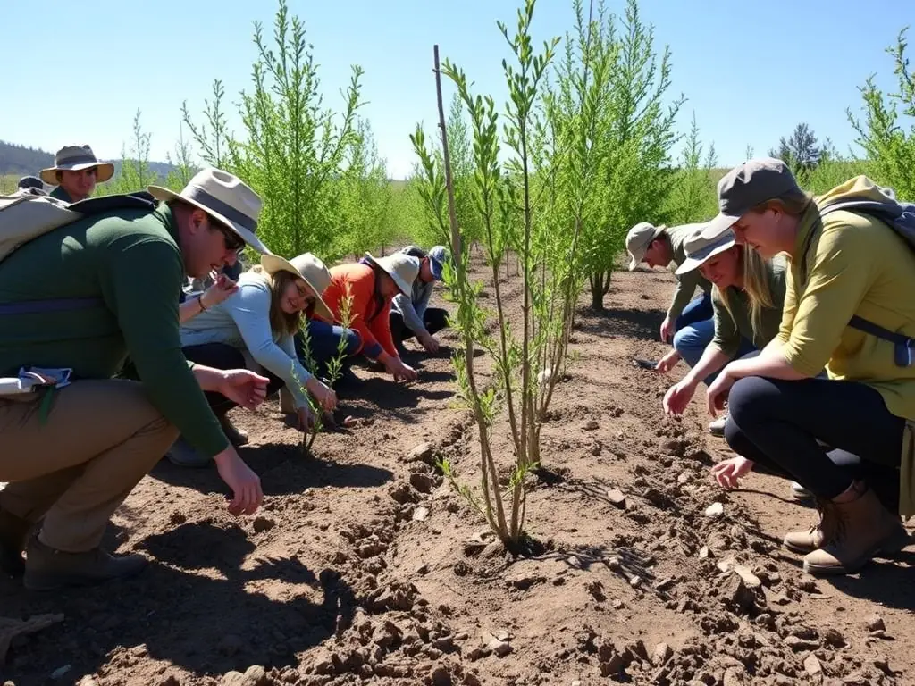 A group of volunteers planting trees in a deforested area, illustrating habitat restoration efforts by AMICALE DES CHASSEURS ET PROPRIETAIRES DU TATRE.