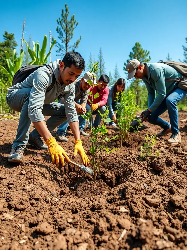 A photograph of volunteers planting trees in a deforested area, illustrating habitat restoration efforts.