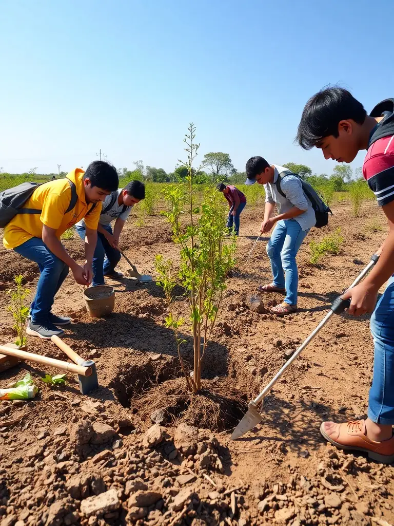 A photograph depicting volunteers planting trees in a deforested area, symbolizing the organization's commitment to habitat restoration.