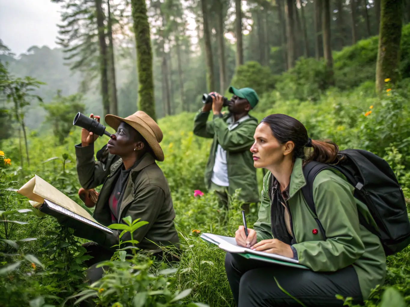 A wildlife monitoring team observing and documenting animal populations in a protected reserve, highlighting the scientific approach to conservation and the importance of data collection for informed decision-making.